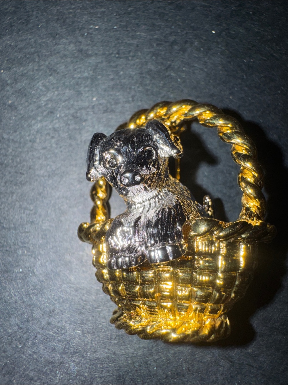 Joan Rivers Gold and Black Dog in Basket Pin - Decorative Pet-Themed Brooch